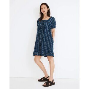 Madewell Puff Sleeve A-Line Mini Dress Indigo Block Print Cotton Women’s XXL